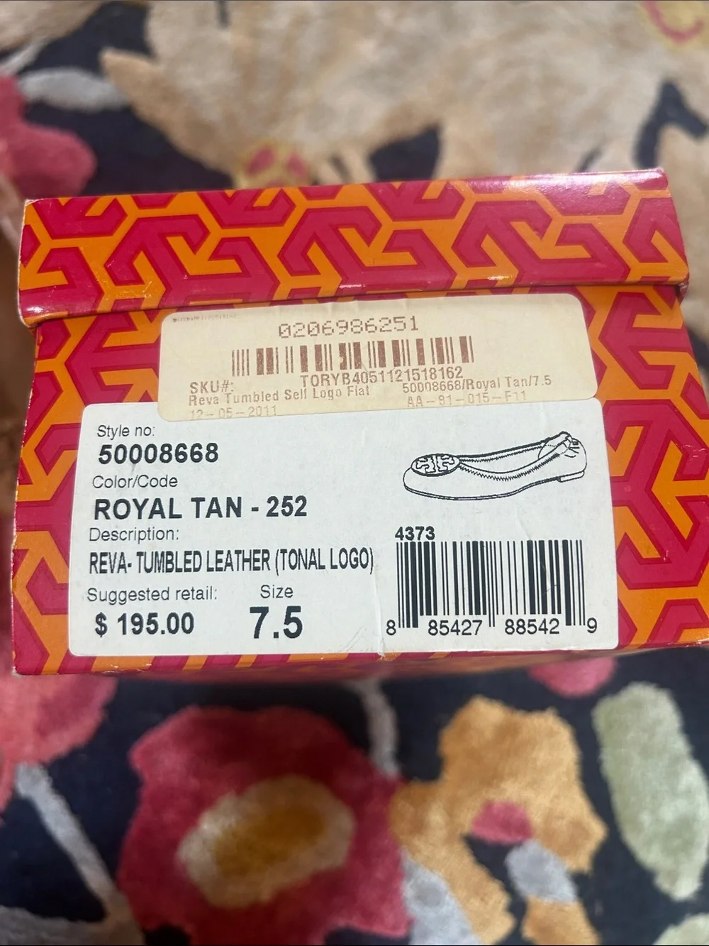 Tory Burch Tan Pebbled Leather Logo Ballet Flats